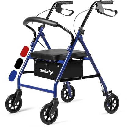 Geriafy Deambulatore per anziani pieghevole con seduta, Lambda Blu | 4 ruote da 15 cm, seduta imbottita, cestino, altezza regolabile e freni a leva