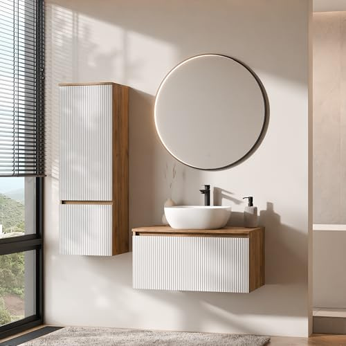 Planetmöbel Arisa Badmöbel Set Waschtisch mit Unterschrank | 80 cm, gold eiche weiß (geriffelt) mit VELUNA Spiegel und Hochschrank, Waschbecken 42 cm gold eiche weiß, Raumsparsiphon