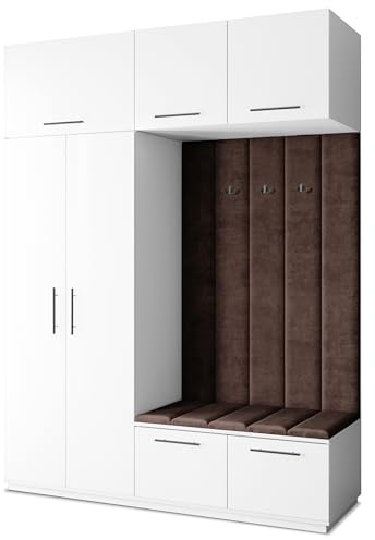 Masseno Flugarderoben Set Rema, Kleiderschrank-Set mit Sitzbank, Garderobenschrank Flur mit 5 Regalböden, Weiß