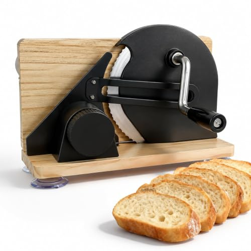 Manual Bread Slicer Adjustable Thickness(0-15mm), Hand Crank Bread Slicer for Homemade Sourdough Bread, with Solid Wood Foldable Base, Stainless Steel Blade, Suction Cups, Gift Choice