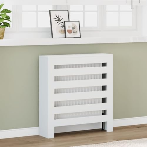 GeenYuu Cache-radiateur blanc en bois 78 x 20 x 82 cm avec design à lattes, surface de rangement et support mural pour salon, cuisine, salle de bain pour cache-radiateur décoratif et