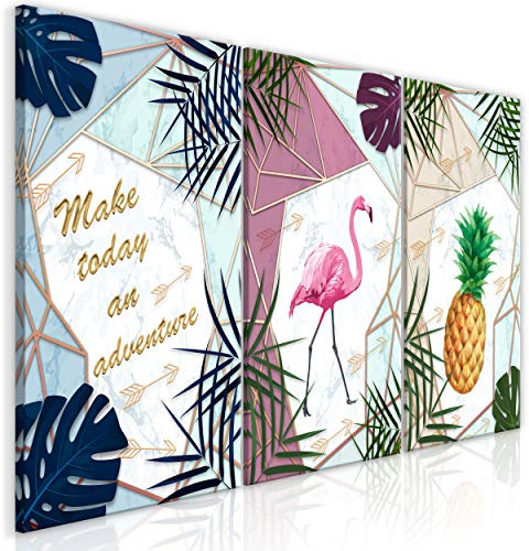 decomonkey Bilder Modern Blätter 60x30 cm 3 Teilig Leinwandbilder Bild auf Leinwand Vlies Wandbild Kunstdruck Wanddeko Wand Wohnzimmer Wanddekoration Deko Ananas Pineapple Flamingo Textur