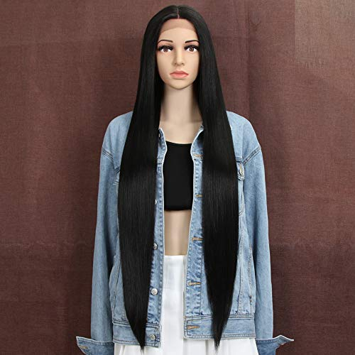 Style Icon Lace Front Perücken Wigs 94 cm Super Lange Spitze Front Seidig Gerade Haare Perücken Für Frauen Weichen Haarersatz Synthetische Perücken (1B)