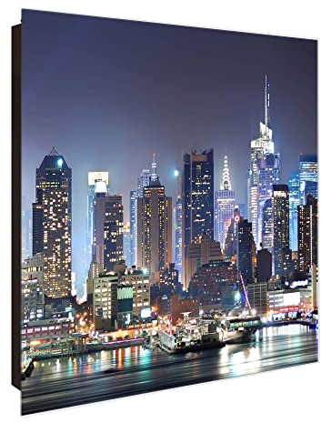 banjado® Großer Schlüsselkasten Glas/Schlüsselbox 30cm x 30cm mit 50 Haken - Motiv New York/Schlüsselkasten modern für Schlüsselaufbewahrung mit beschreibbarer, magnetischer Glastür