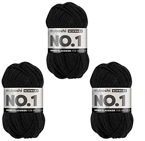 myboshi No.1-Wolle zum Häkeln und Stricken, Schnellstrickgarn, langlebige Mützenwolle, Mulesing-frei, 50g, Ll 55m Schwarz (Schwarz) 3 Knäuel