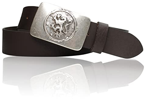 FRONHOFER Trachtengürtel mit bayerischer Gürtelschnalle in Altsilber, 4 cm 18530, Größe:Körperumfang 105 cm/Gesamtlänge 120 cm, Farbe:Dunkelbraun