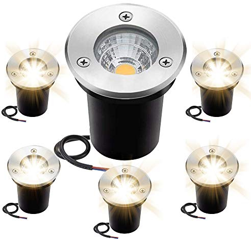 Lot de 6 spots encastrables pour terrasse - En acier inoxydable 3 W - IP67 - Charge maximale : 800 kg - 12 V-24 V CC - 6,5 cm - Blanc chaud