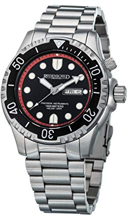 PRECISION INSTRUMENTS RIEDENSCHILD ORIGINAL Taucheruhr 100ATM, Stahl- und Silikonarmband - Miyota 2S60 Uhrwerk - Silber/schwarz/rot