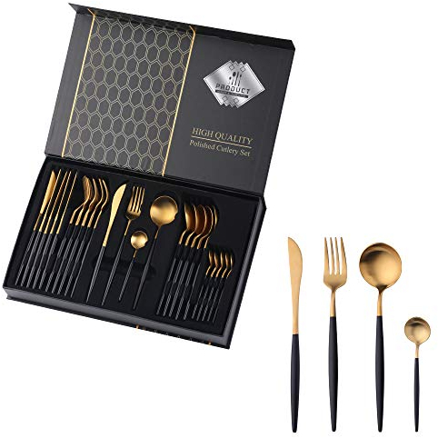 Do Buy 24-Piece Cutlery Gift Sets Silverware Cutlery Sets with Gift Box Knife Spoon Fork Set 18/10 Stainless Steel(Gold Black)