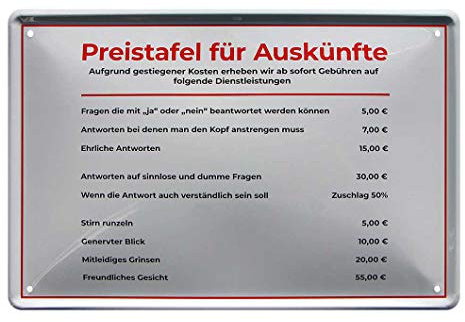 Blechschild Preistafel für Auskünfte - Hinweisschild Infoschild Service - Metallschild Büro, Betrieb, Firma, Arbeit, Werkstatt, Job, Lager, Geschäft, Laden, Filiale - Deko Kunden Schild - 30x20cm