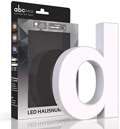 abcMIX LED Hausnummer, personalisierbare beleuchtete Hausnummer, Hausnummernleuchte mit LED - Hausnummer D, Farbe WEIß, Lichtfarbeneinstellung, Dimmbarkeit