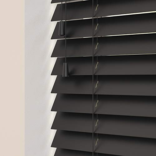 Custom Made To Measure Real Wooden Venetian Blinds with strings (50mm Slats) (Ink Black, 40cm - 60cm (Width) x Up To 120cm (Drop))