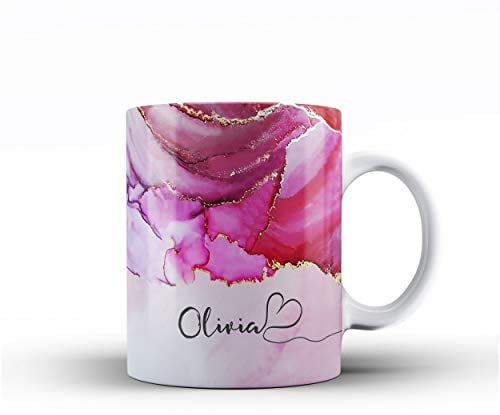 iCaseDesigner Personalised Watercolour Marble Name with Heart Ceramic Mug - 1. Red & Pink