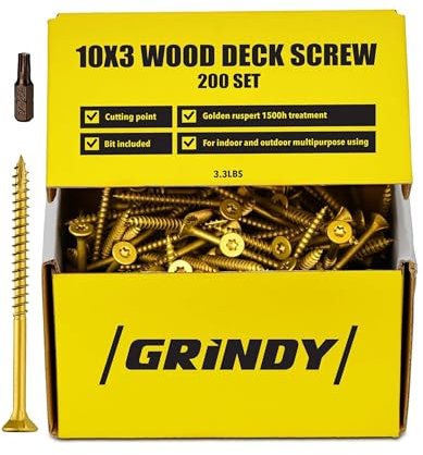 Grindy Lot de 200 vis à bois #10 x 3 par (1,5 kg) – Vis de terrasse DIY pour armoire, meubles et autres projets – Traitement Ruspert doré 1500H – Pour intérieur et extérieur