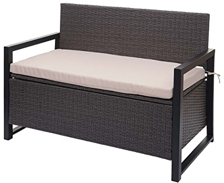 Mendler Poly-Rattan 2er Sitzbank HWC-F39, Gartenbank Truhenbank, Staufach Aufbewahrung Sitzkissen - grau, Kissen beige