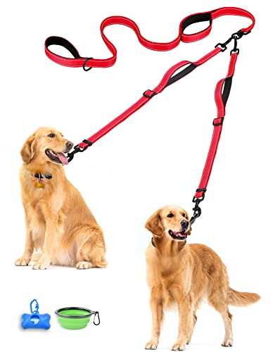 PetBonus Double Dog Leash, No Tangle Dual Leash, Reflective Walking Training Lead, 4 Comfortable Padded Handles for 2 Dogs with Collapsible Bowl and Waste Bags (Red, Large)