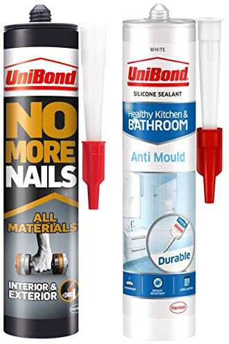 UniBond 2492850 No More Nails All Materials Interior & Exterior Construction Adhesive & 2079356 Anti-Mould White, Waterproof Mould Protection Kitchen & Bathroom Sealant