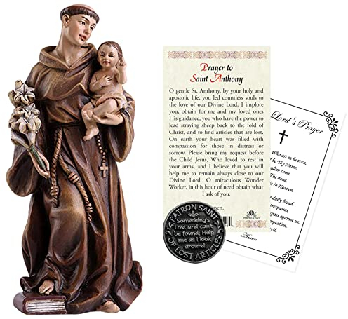 Statue des Heiligen Antonius von Padua (10,2 cm), laminierte Gebetskarte, Heiliger Antonius Taschenmarke, Münze, Gebetskarte des Herrn, Schutzpatron der verlorenen Dinge, 4 Stück