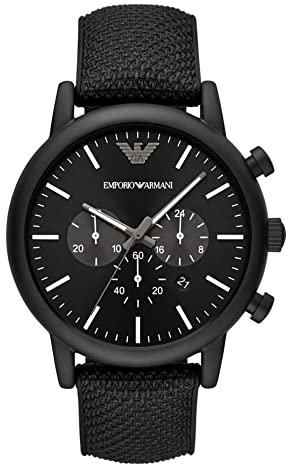 Emporio Armani Montre pour homme, mouvement chronographe, boîtier en acier inoxydable noir de 46 mm avec bracelet en silicone, AR11450