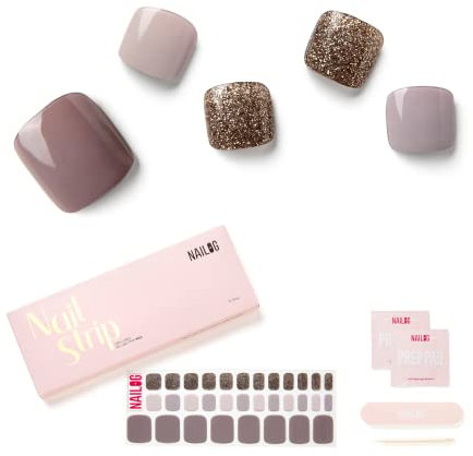 NAILOG Semi Cured Gel Nail Strips, Toe Nail Polish Strips with Glossy Gel Finishing | 32 Pieces Long Lasting Pedi Nail Wrap | Gray, Purple, Glitter | Last Night