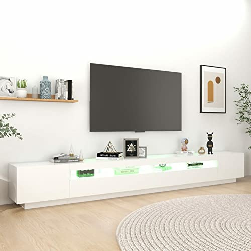 TV-Schrank mit RGB-LED-Beleuchtung, 300 cm breit, Weiß, mit verstellbaren Fächern und USB-Anschluss für Wohnzimmer oder Heimkino-Setup