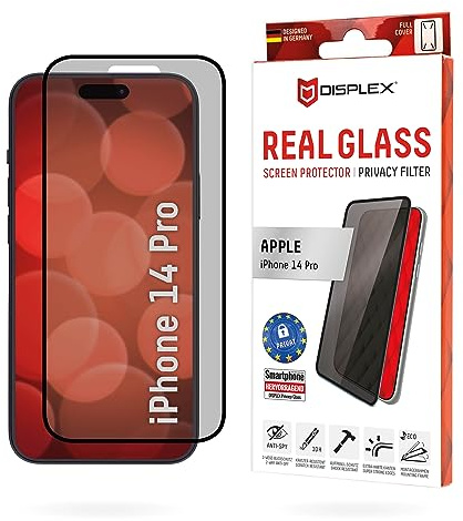 Displex Privacy Full Cover Panzerglas (10H) für Apple iPhone 14 Pro, Eco-Montagerahmen, Privacy Filter, Tempered Glas, kratzer-resistente Schutzfolie, hüllenfreundlich
