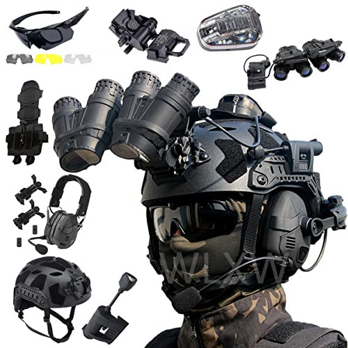 WLXW Fast High Cut Tactical Helmet Set, with Bluetooth Tactical Headset,Airsoft Goggles,Pvs31model,L4g24mount,Helmet Signal Light,Helmet Lamp,Battery Pouch,for Paintball Wargame,BK6