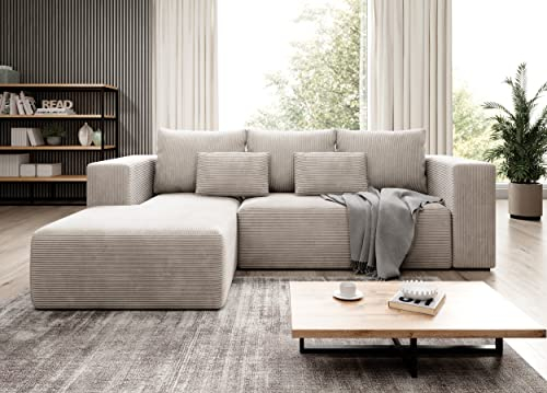 Moderno Ecksofa mit Schlaffunktion und Bettkasten Stripes - Sofa mit 3 Sitzer und Robuste überzug - Schlafcouch L-Form - Modern Couch Cord - 255x73x161 cm - Links Cremig