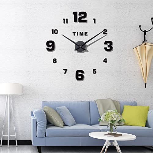 Warminn Wanduhr, DIY Aufkleber Wanduhr Moderne rahmenlose 3D-Wanduhr Römische Zahlen Spiegelaufkleber Kunst Wanduhr Wohnkultur Bastelt große Uhr für Büro Wohnzimmer Schlafzimmer (Schwarz 1)