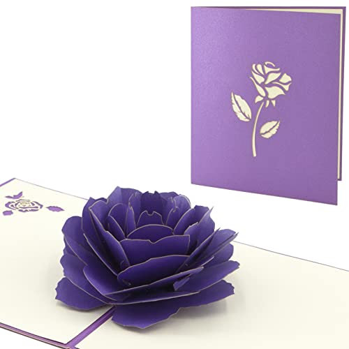 Fassory Biglietto di auguri 3D pop up viola fiore rosa, universale fatto a mano, biglietto di ringraziamento, biglietto di anniversario di matrimonio per donna (rosa viola)