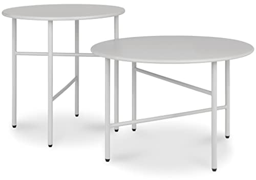bomoe 2er Set Beistelltisch Outdoor Gartentisch Rund Kratzfeste Oberfläche - Stabiler Wohnzimmer Couchtisch Leicht In- & Outdoor Balkon Tisch Terrasse - Hellgrau Nachttisch Bett Schlafzimmer Finn