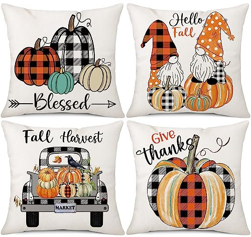 Ohok 4er Set Dekorativ Kissenbezug mit Herbst Motiv 45x45 cm, Polyester Leinen Zierkissenbezüge, Deko Sofakissen Couchkissen Kissenhülle Set für Wohnzimmer Schlafzimmer Sofa (Ahornblatt Kürbis F)