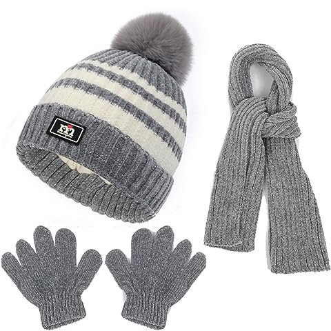 Baynetin 3Pcs Kids Winter Beanie Hat Scarf Gloves Set for 2-8 Years Old Boys Girls. Winter Accessories Sets for Children Outdoor Sports, Knit Thick Warm Fleece Lined Thermal Sets (Grey)
