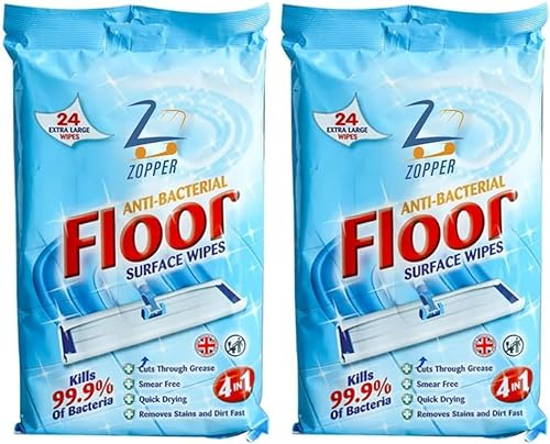 Antibacterial Floor Surface Wipes Large 4 in 1, Smear-Free, Fast Stain & Dirt Removal, Kills 99.9% of Bacteria, Quick-Drying – Ideal for Laminate & Hard Floors – 2 Pack