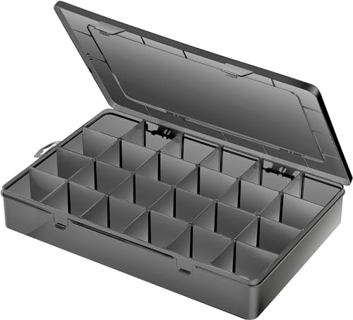 Gbivbe 24 Grids Extra Large Plastic Craft Storage Box, Black Plastic Organizer Container Compartment Bead Storage Box with Adjustable Dividers for Earring Jewelry Seed and Small Parts