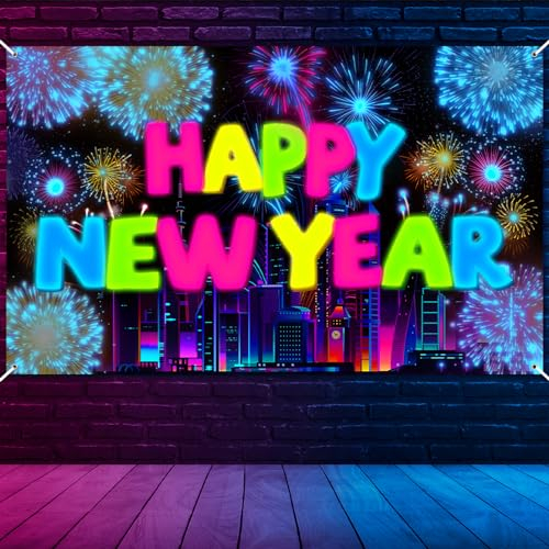 HOWAF Neon Silvester Deko 2025 Neujahrs Banner, Neon Happy New Year Banner UV Schwarzlicht Frohes Neues Jahr Banner Stoff Foto Hintergrund Banner für Neujahr Deko 2025 Silvesterparty, 185x110cm