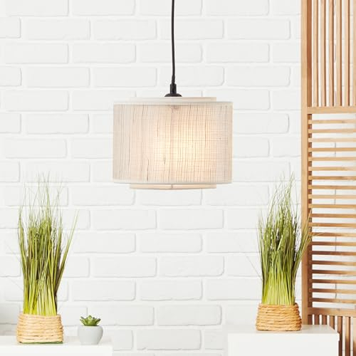 Lightbox Boho Hängelampe mit Ø 22 cm - dekorative Pendelleuchte mit Papier Schirm & kürzbarem Kabel - für Esszimmer - E27, max. 42 W - aus Metall/Textil/Papier - in Schwarz/beige