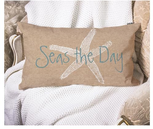 EKOBLA Seas The Day Vintage Beach Seestern Lumber Throw Pillow Cover Brown Sea Marine Fish Square Throw Waist Pillow Case Cushion Cases for Sofa Bedroom Living Room 12x20 Inches