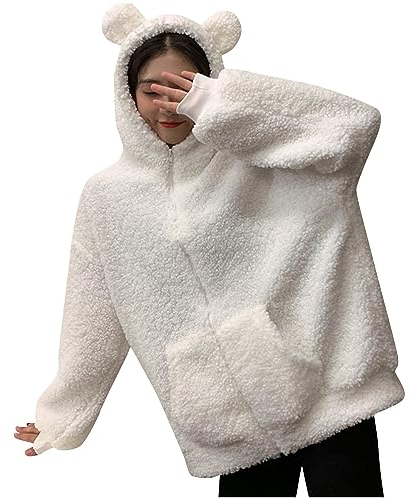 Fuzzy Jacken für Frauen Womens Fleece Jacke Lange Fleece Jacke Frauen Plus Größe Bär Und Kaninchen Ohr Fuzzy Fleece Jacke Kapuzenjacke Womens Zip Up Jacke Womens Winter Mantel