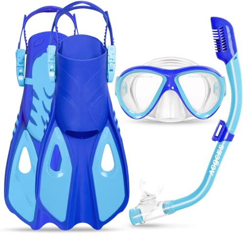 Snorklingsutrustning för barn i åldrarna 5-15, 4-i-1 maskfenor snorkelset med HD härdat glas panoramautsikt anti-dimmask, torr toppsnorkel, justerbara vandringsfenor och nätväska, barnsnorkelset för