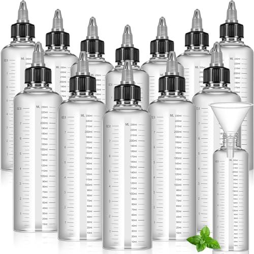 Barydat 12 Pcs Hair Applicator Bottle 8 oz Hair Dye Bottle Hair Squeeze Bottle Applicator Hair Oil Container with Ratio Graduated Scale, Black Open Close Nozzle and 2 Funnels for Shampoo Lotion