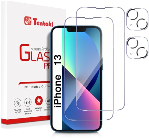 Tentoki 2+2 Pièces Verre Trempé pour iPhone 13, Vitre Protection Écran et Caméra Arrière Protecteur, 2.5D-sans Bulles d'air - [Anti Rayures, Dureté 9H] Ultra Transparent, F-iPhone 13-2+2Pcs