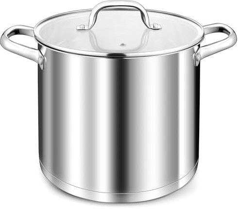 TEAMFAR olla 10L, olla grande de acero inoxidable para pasta de inducción con base de 3 capas para todo tipo de cocinas, tapa de cristal, olla sopera de 24cm olla para carne para cocinar