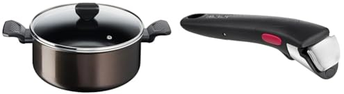 Tefal Faitout 24 cm (4,7 L) + couvercle verre, Tous feux sauf induction, Revêtement antiadhésif & Ingenio Poignée amovible noire, Empilable, Verrouillage sécurité 3 points