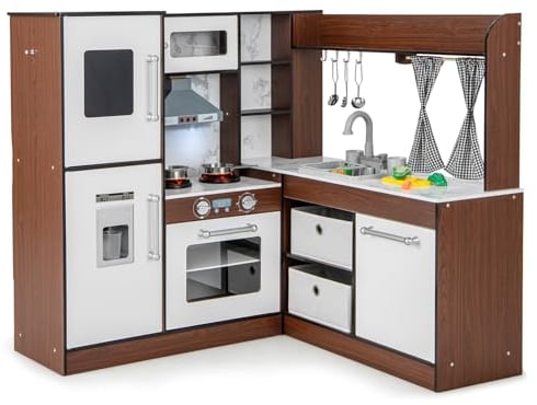 COSTWAY Kinderküche mit Wasserpumpfunktion, Spielküche Holz mit Licht & Sound, Kinder Küche inkl. Zubehör & Körbe & Vorhänge & Haube, Multifunktionale Spielzeugküche für Kinder ab 3 Jahren (Luxus)