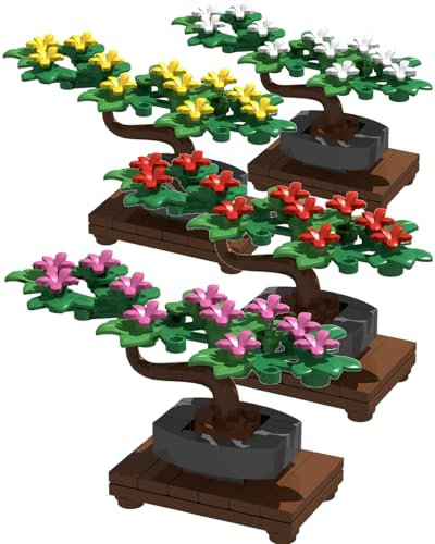 LONESTAR Bricks Bonsai Klemmbausteine Set, 4X Bonsai Bäume in Weiß Gelb Rot Lila, Mini Deko Bausatz mit Topf, kompatibel, DIY Pflanzen Deko für City & Modellbau