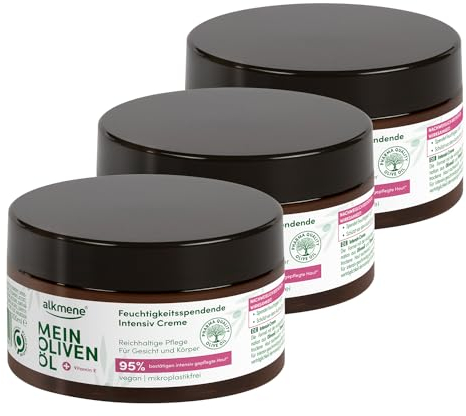 alkmene 3x Intensiv Hautcreme trockene Haut 200 ml - 95% bestätigen intensiv gepflegte Haut - Creme trockene Haut mit Olivenöl - Feuchtigkeitscreme Körper Männer & Frauen - Feuchtigkeit Creme vegan