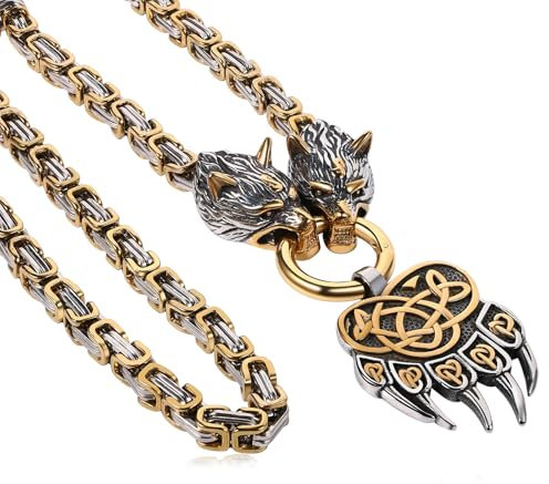 OIDEA Herren Bärenklaue Halskette Königskette: Gold Schwer Punk Wikinger Anhänger mit 70 cm Kette Nordisch Viking Schmuck Geschenk für Männer Freund Jungen