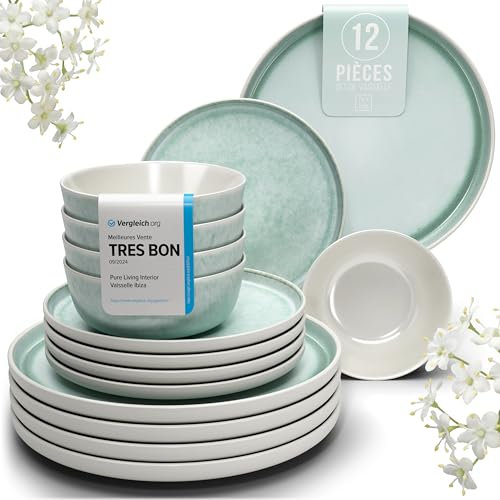 Steingut Geschirrset 4 Personen Ibiza 12 tlg. TESTSIEGER, Hochwertiges Mediterranes Steingut Geschirr Set, Schüssel- und Teller Set, Tafelservice 4 Personen, Geschirrsets Pure Living in Türkis