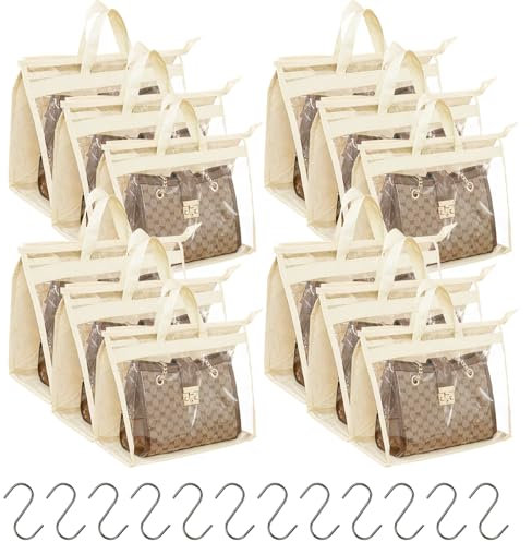 MOAMUN 12 PCS Handbag Storage Organiser with Zipper, Handle and 12 Hooks, Clear PVC Dust Bags for Handbags, Bag Organiser Storage Bag Storage for Handbags for Wardrobe Bedroom Living Room(3 Size)